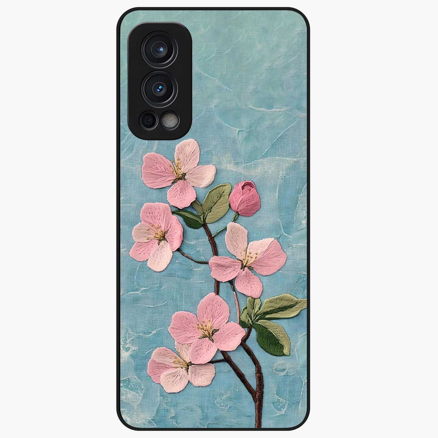 Threaded Blossom Breeze Glass Case showing flat back view with delicate blossom artwork and glossy glass finish.