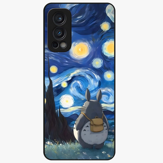 Totoro In Van Gogh Art Glass Case showing flat back view with whimsical character artwork inspired by Van Gogh style and glossy glass finish.
