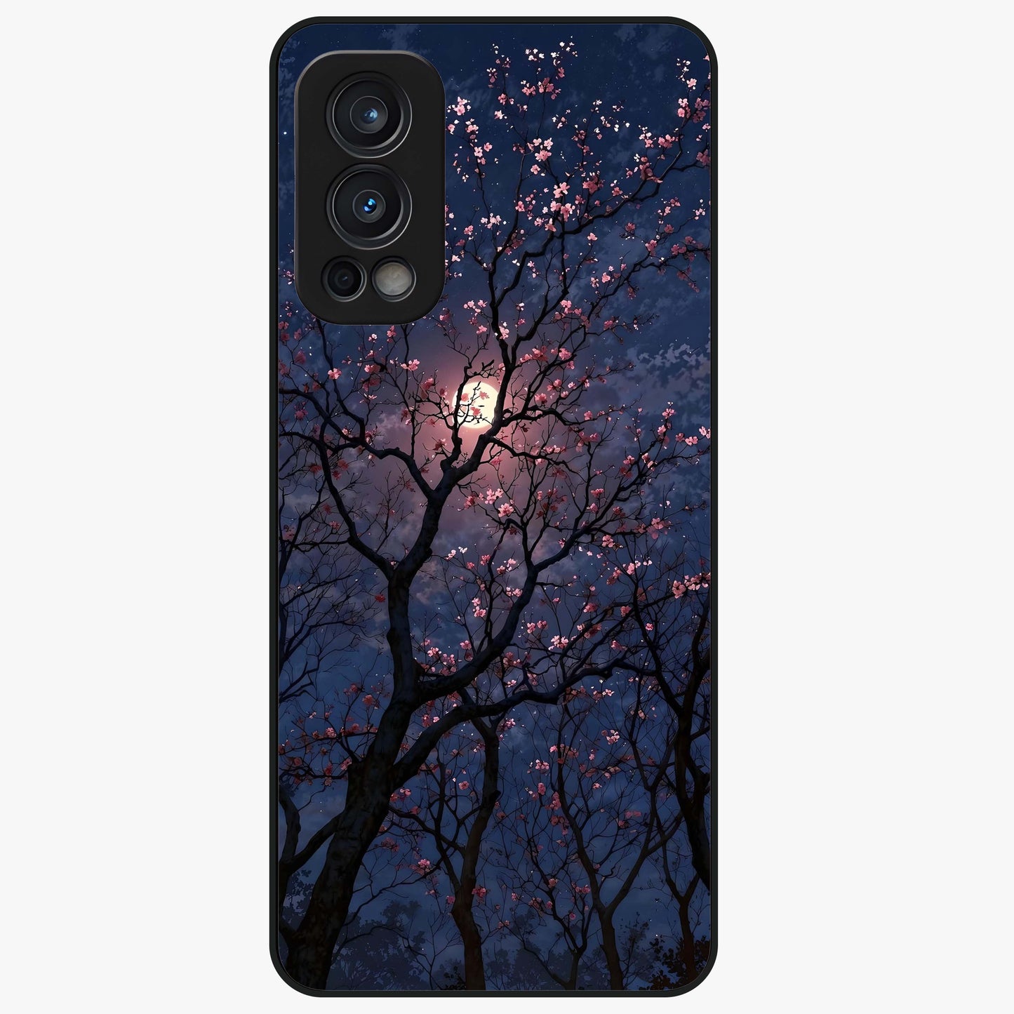 Twilight Sakura Serenade Glass Case showing flat back view with cherry blossom artwork at twilight and glossy glass finish.