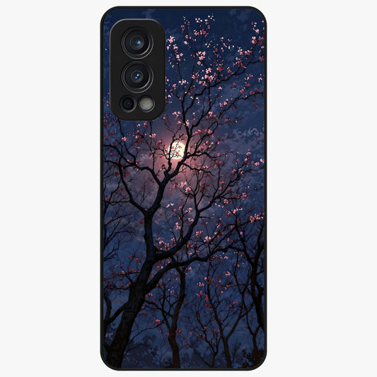 Twilight Sakura Serenade Glass Case showing flat back view with cherry blossom artwork at twilight and glossy glass finish.