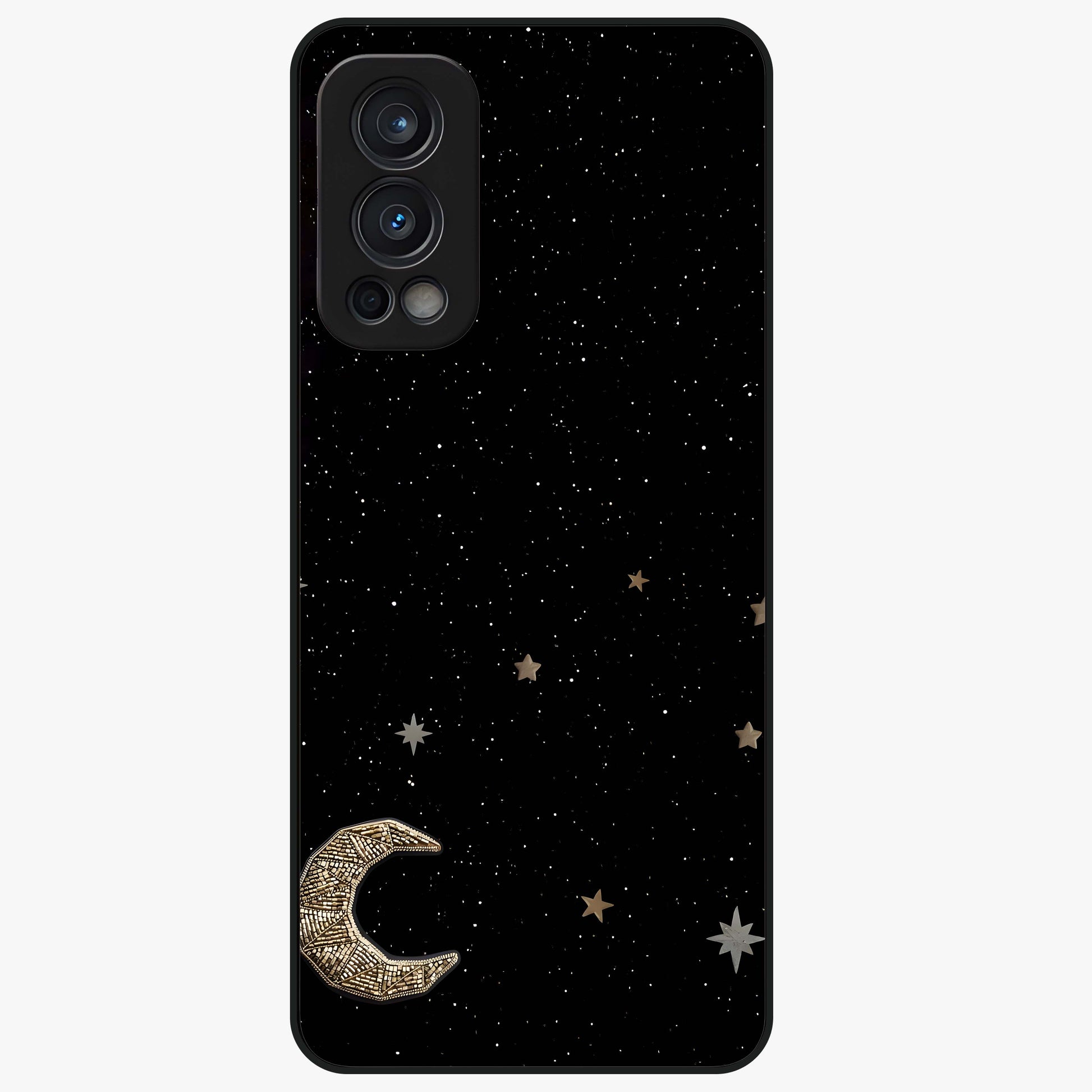Twinkle Star With Half Moon Glass Case showing flat back view with star and half moon artwork and glossy glass finish.