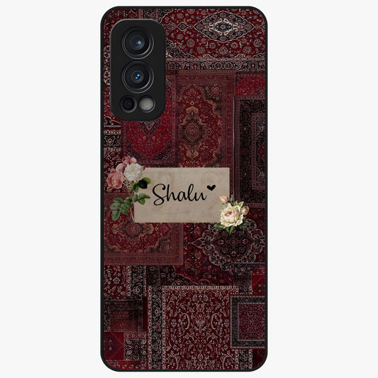 Velvet Wine Pattern Custom Name Glass Case showing flat back view with elegant wine colored pattern artwork and personalized name design.