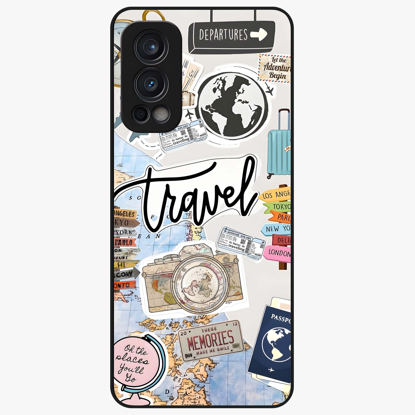 Wanderlust Journal Glass Case showing flat back view with travel inspired artwork and glossy glass finish.