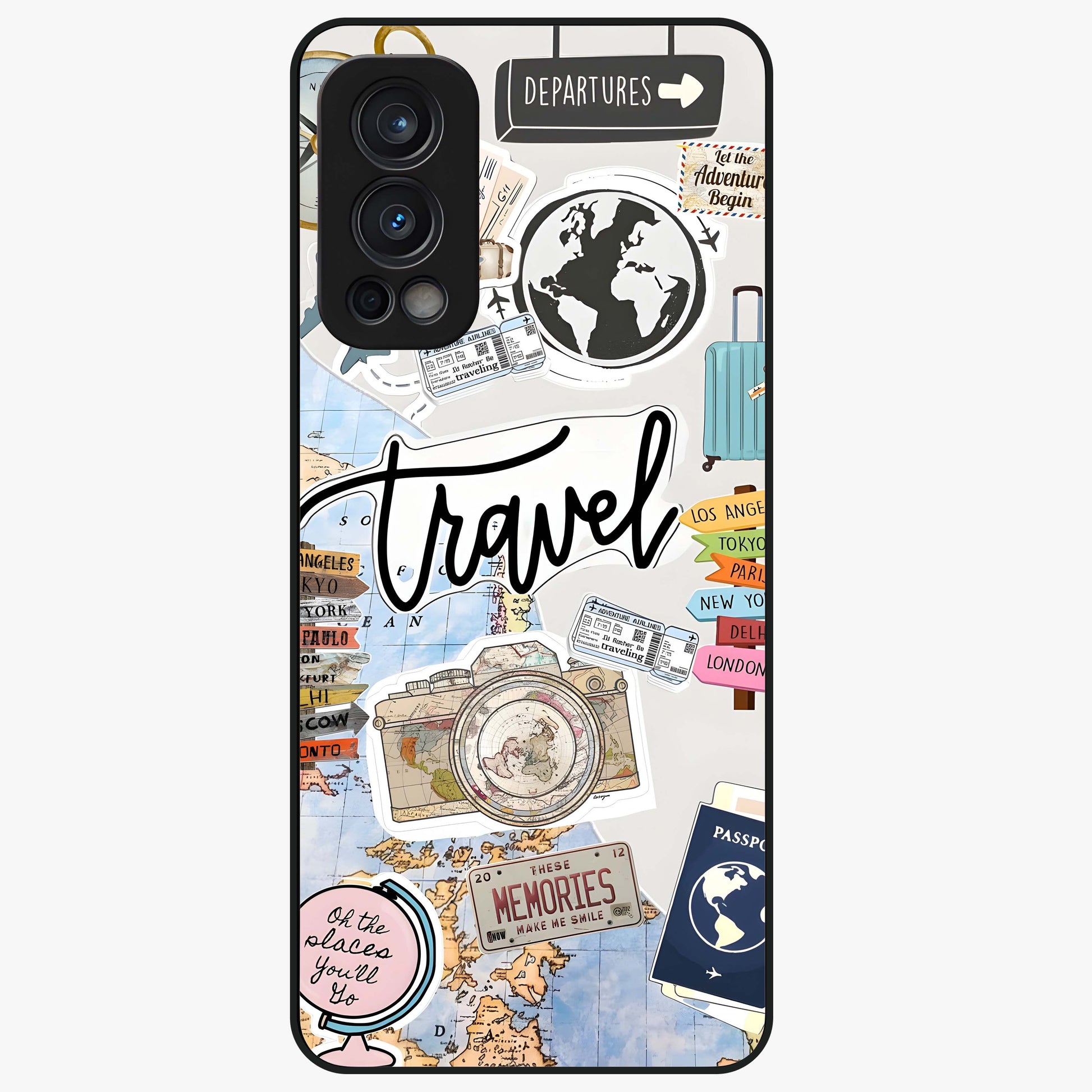 Wanderlust Journal Glass Case showing flat back view with travel inspired artwork and glossy glass finish.
