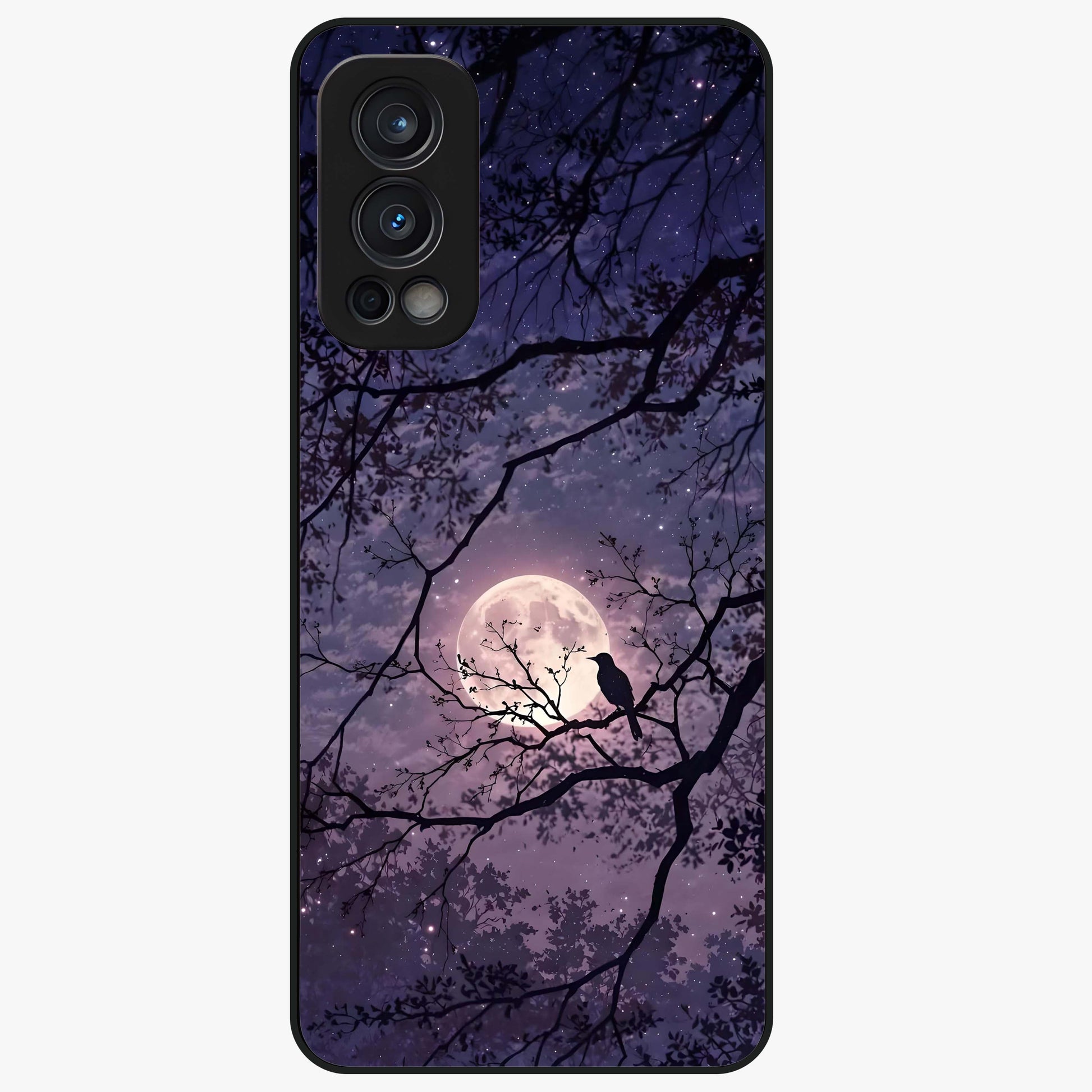 Whispering Moon Silence Glass Case showing flat back view with serene moon themed artwork and glossy glass finish.