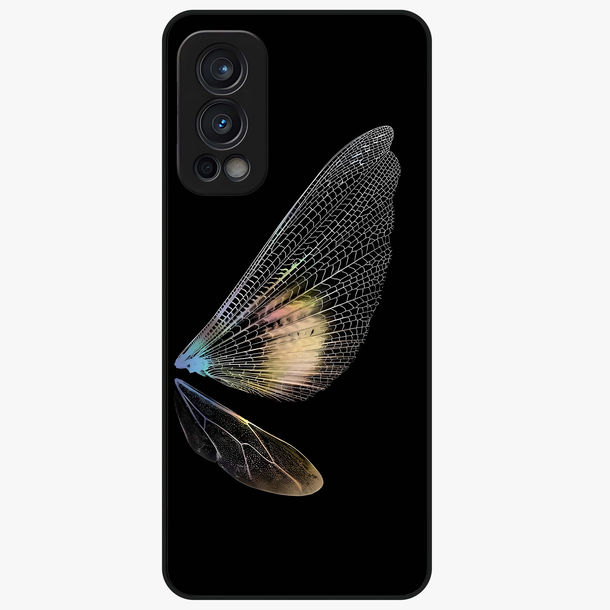 Whispers Of Wings Glass Case showing flat back view with graceful wing inspired artwork and glossy glass finish.