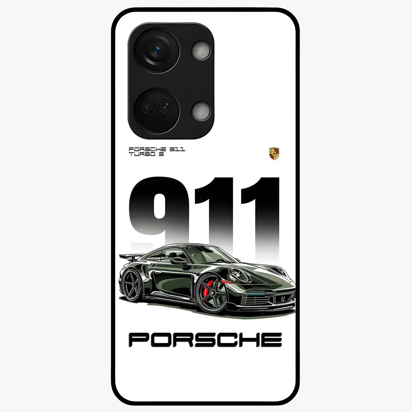 911 Turbo Dominance Glass Case for 1+Nord 3 bold front view featuring large 911 graphic and detailed green Porsche sports car artwork