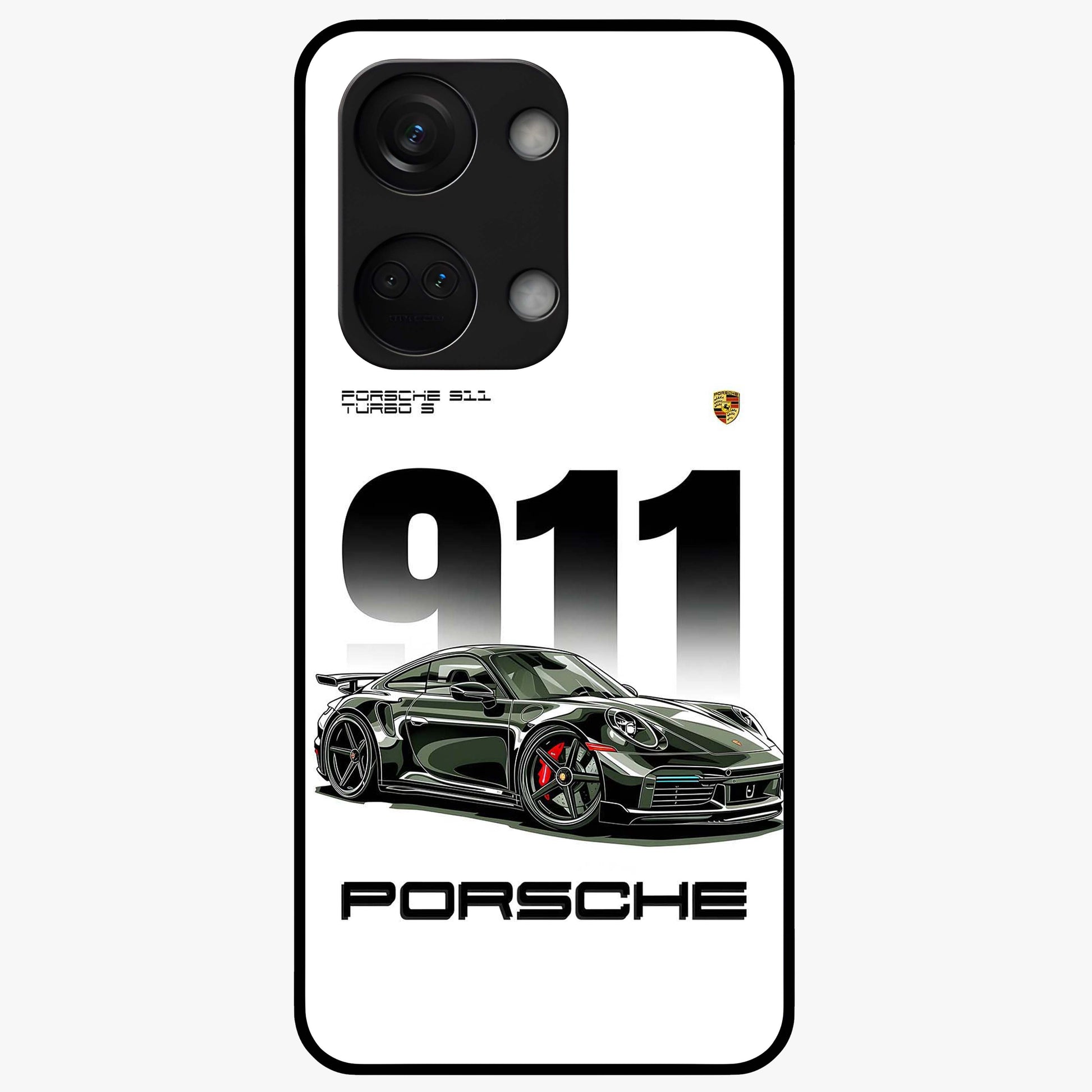 911 Turbo Dominance Glass Case for 1+Nord 3 bold front view featuring large 911 graphic and detailed green Porsche sports car artwork