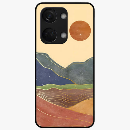 Abstract Mountain Glow Glass Case for 1+Nord 3 front view featuring glowing mountain landscape artwork