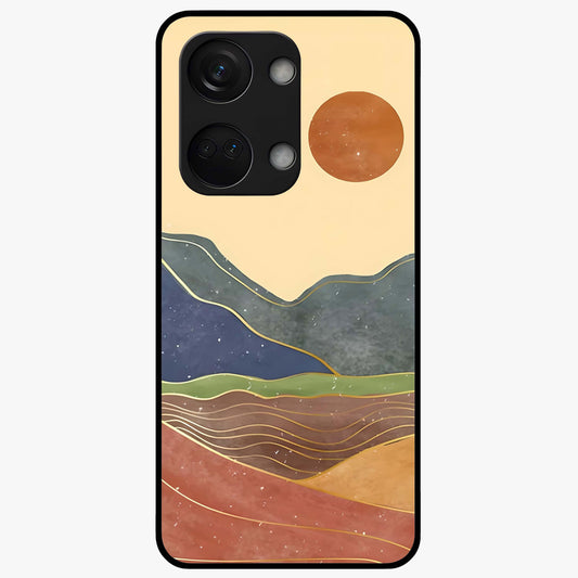 Abstract Mountain Glow Glass Case for 1+Nord 3 front view featuring glowing mountain landscape artwork