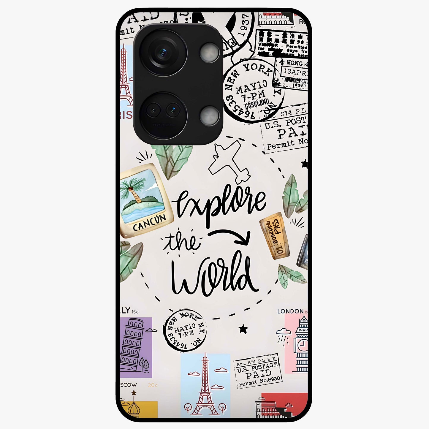 Adventure Awaits Art Glass Case for 1+Nord 3 front view featuring bold travel inspired typography artwork