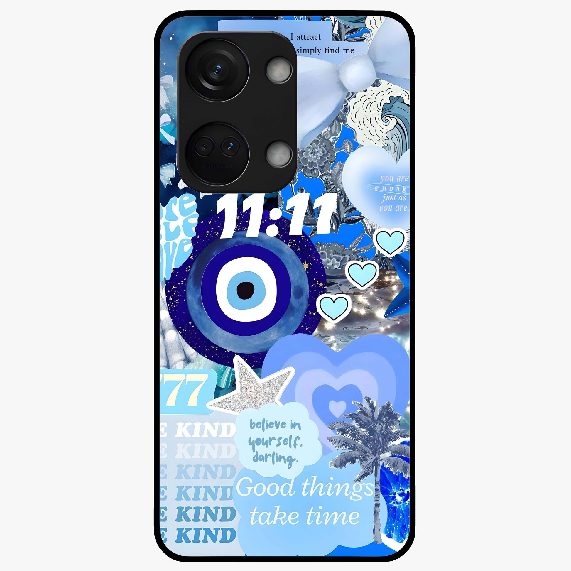 Aesthetic Be Kind Eye Glass Case for 1+Nord 3 front view featuring minimal eye illustration with positive message