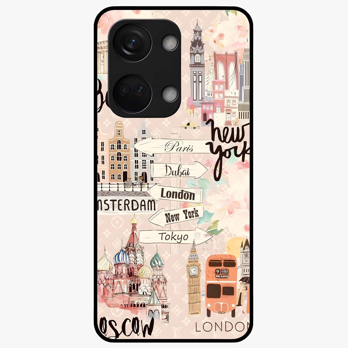 Aesthetic Travel Glass Case for 1+Nord 3 front view featuring wanderlust inspired travel artwork