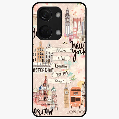 Aesthetic Travel Glass Case for 1+Nord 3 front view featuring wanderlust inspired travel artwork