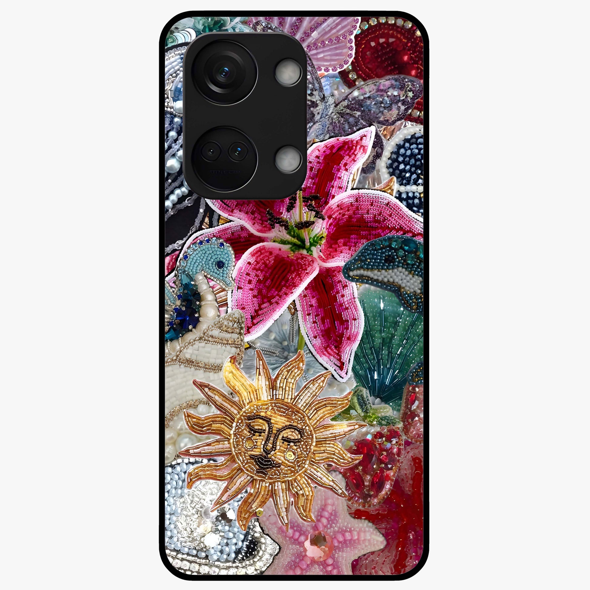 Beaded Garden Fantasy Glass Case for 1+Nord 3 front view featuring colorful beaded floral garden artwork