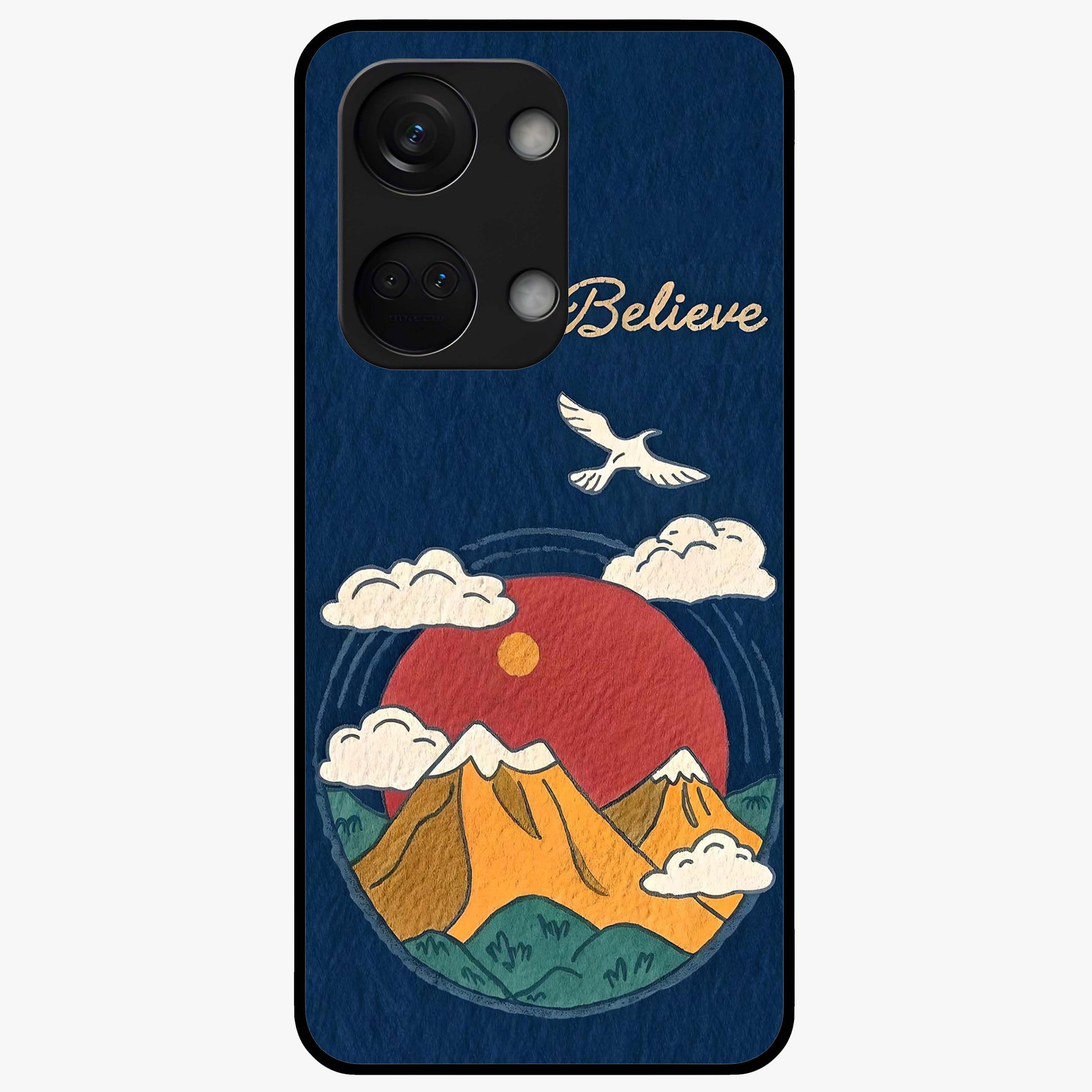 Believe Sky Escape Glass Case for 1+Nord 3 inspirational front view featuring sky inspired artwork with uplifting message