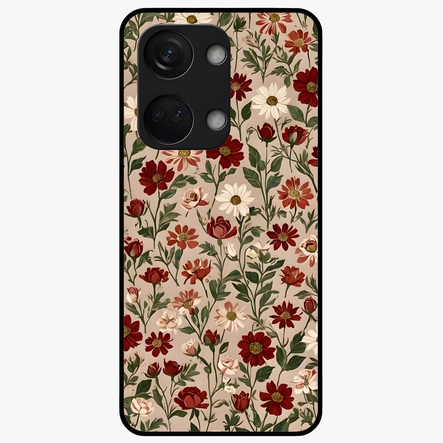 Biege Flower With Leaf Glass Case for 1+Nord 3 front view featuring soft beige floral artwork with leaf detailing