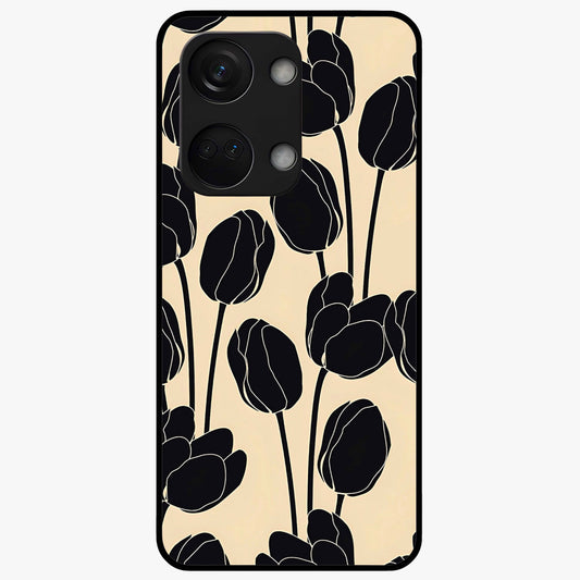 Black Designer Tulip Glass Case for 1+Nord 3 elegant front view featuring refined tulip artwork on black background
