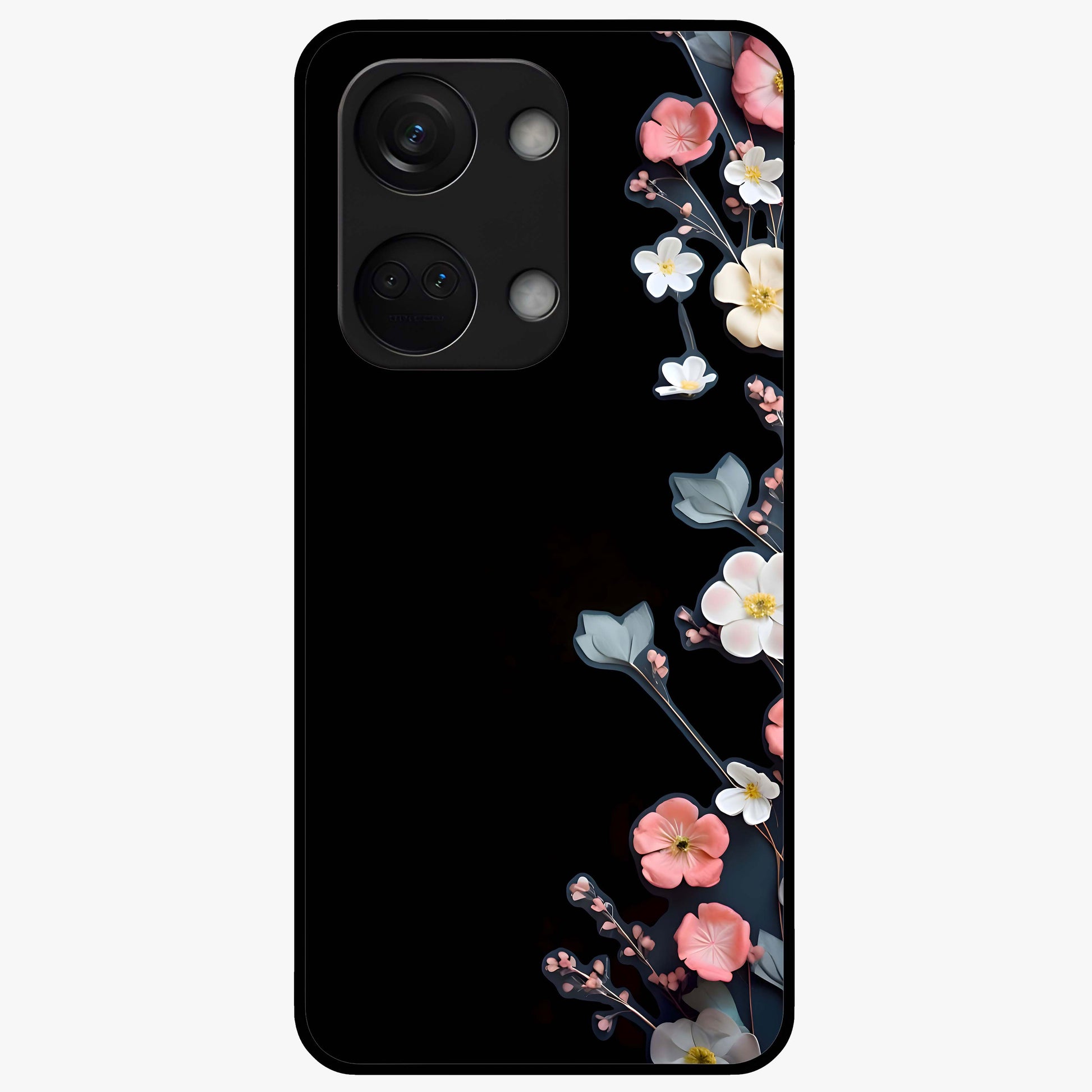 Black Elegance Floral Custom Name Glass Case for 1+Nord 3 luxurious front view featuring floral artwork with personalized name design