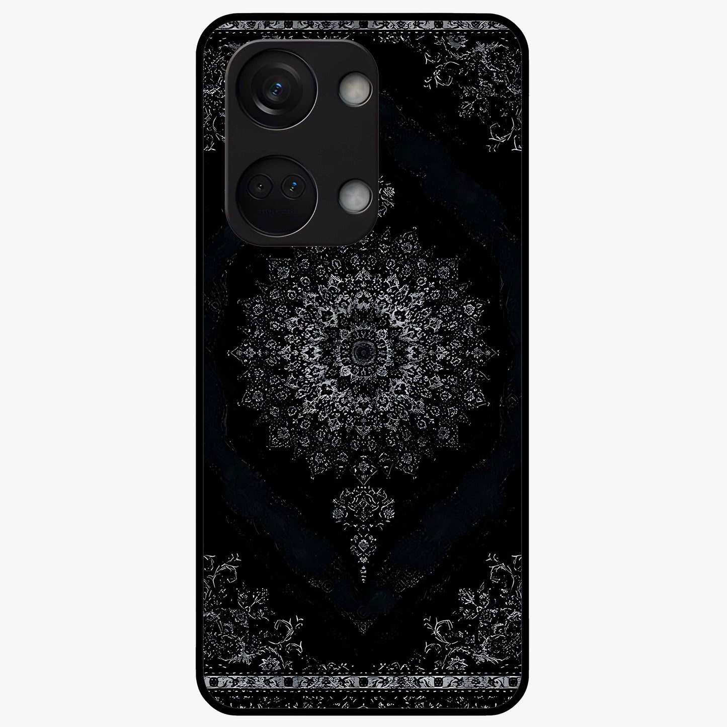 Black Persian Carpet Glass Case for 1+Nord 3 rich front view featuring intricate Persian carpet pattern artwork