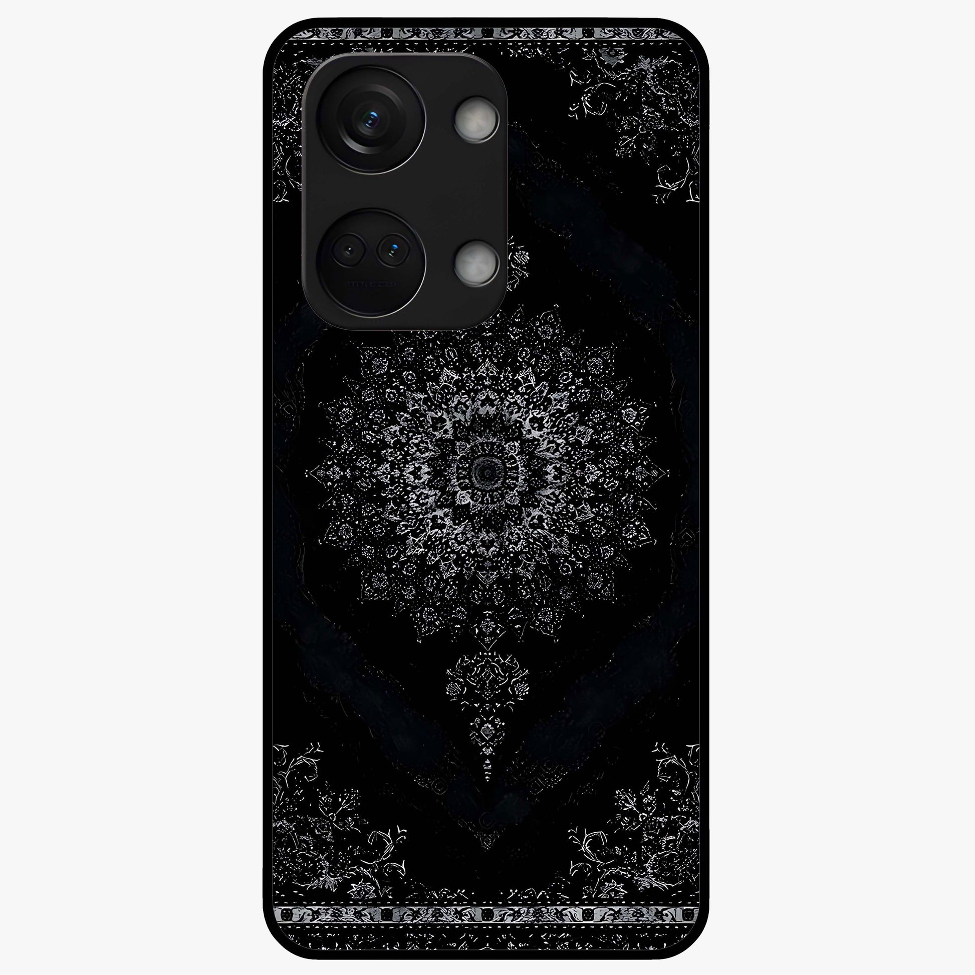 Black Persian Carpet Glass Case for 1+Nord 3 rich front view featuring intricate Persian carpet pattern artwork