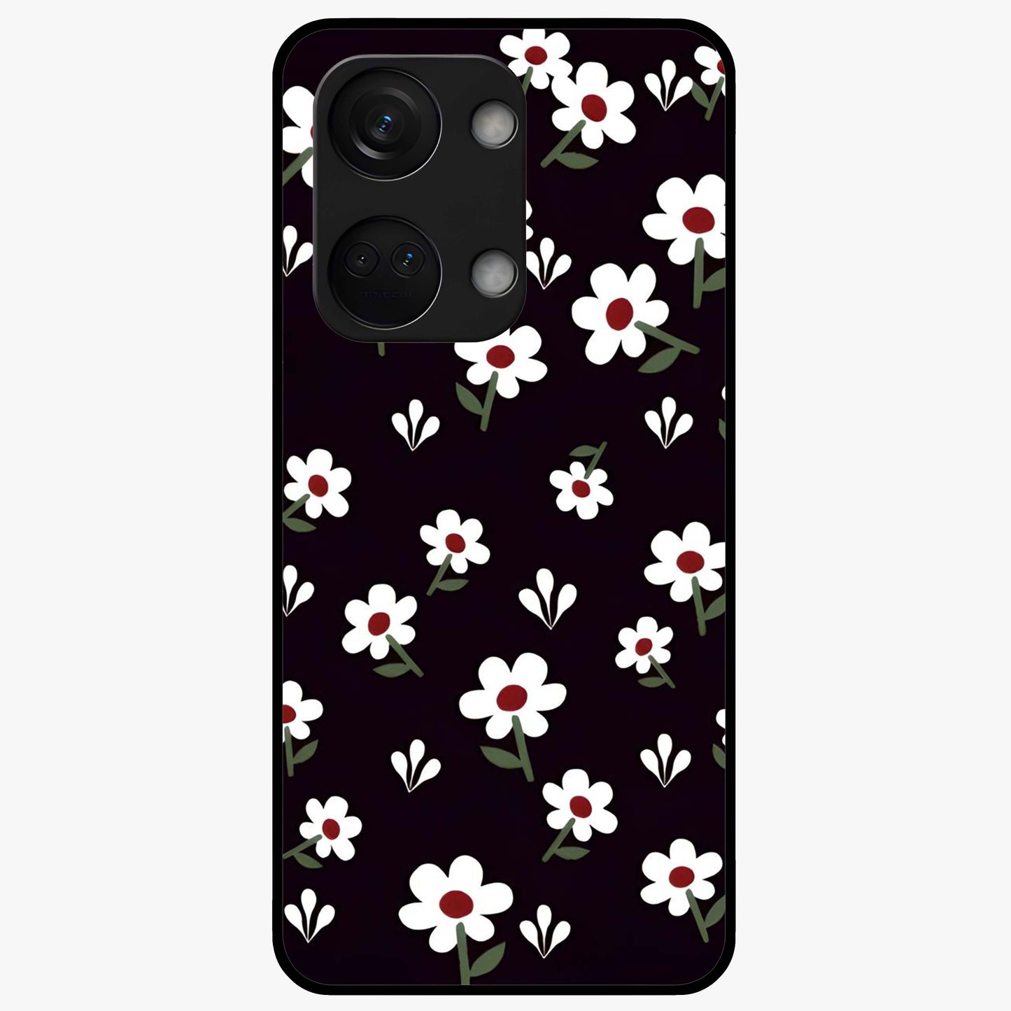 Black Prints Daisy Flower Pattern Glass Case for 1+Nord 3 front view featuring white daisy floral artwork on black base