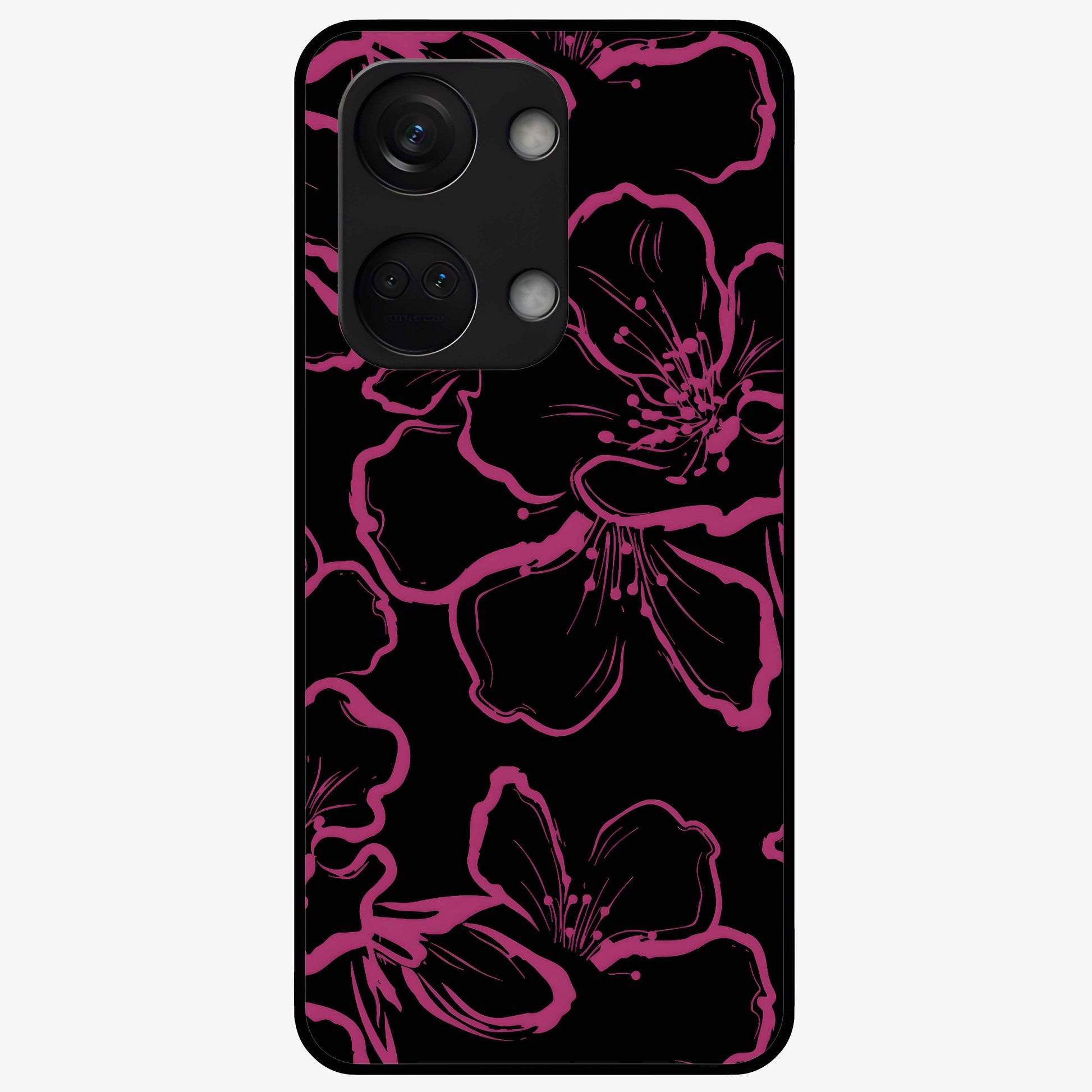 Black Violet Sketch Garden Glass Case for 1+Nord 3 artistic front view featuring violet floral sketch artwork