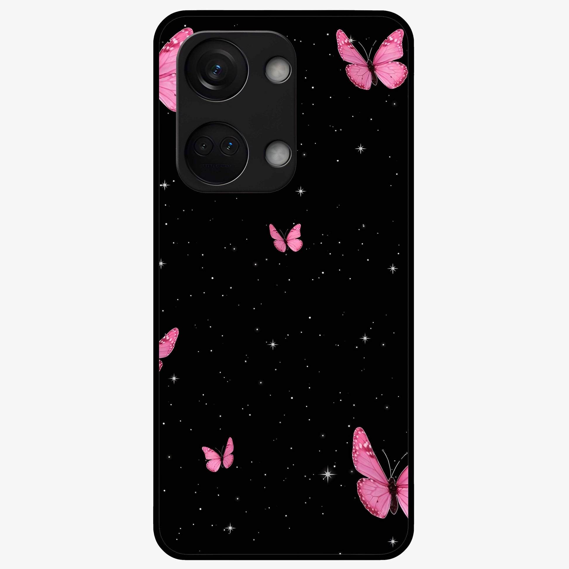 Blinking Butterfly Glass Case for 1+Nord 3 showing full back design in clean flat view with delicate butterfly artwork and glossy glass finish.