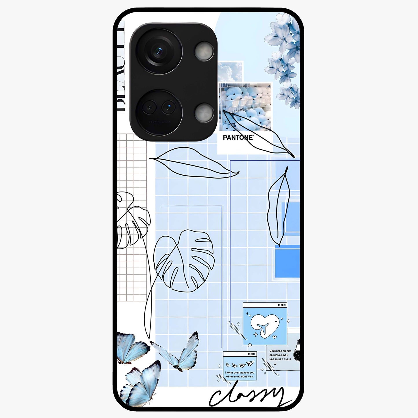 Blue Aesthetic Flower Glass Case for 1+Nord 3 elegant front view featuring soft blue floral artwork