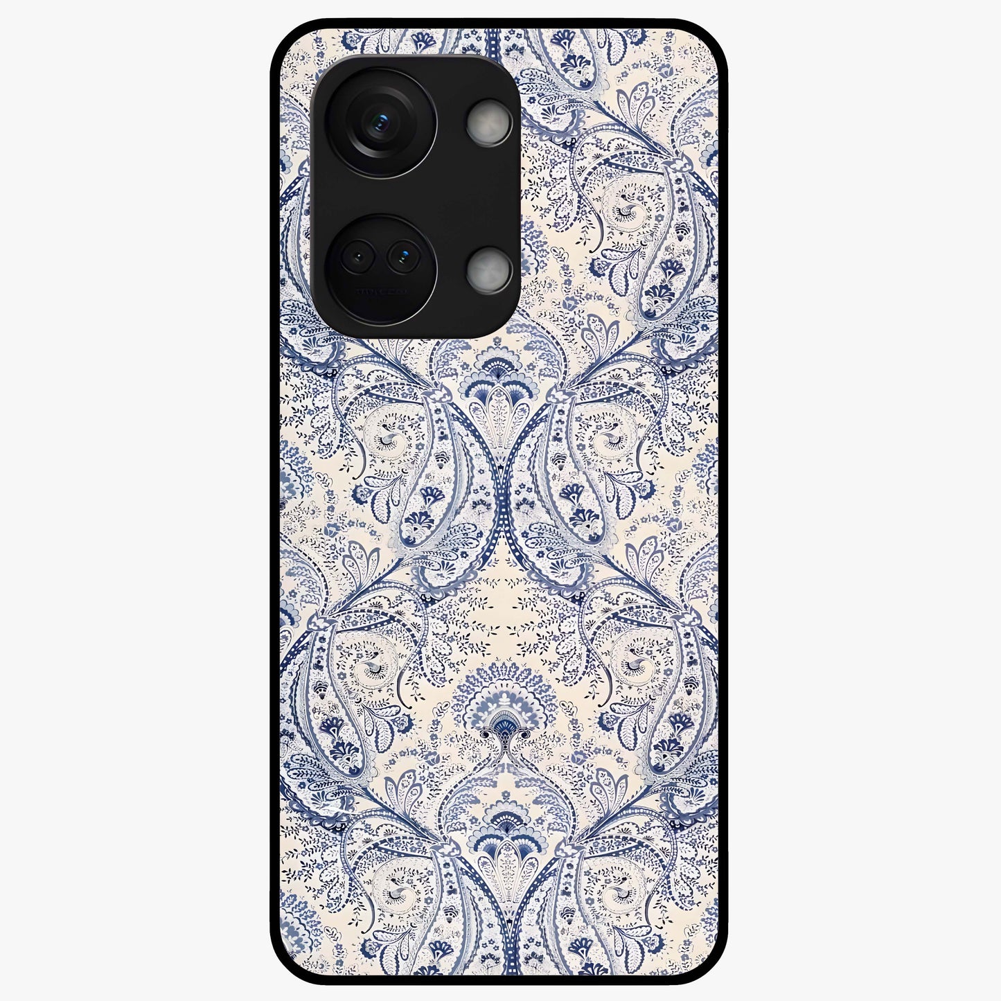 Blue Paisley Bloom Glass Case for 1+Nord 3 intricate front view featuring paisley floral artwork in rich blue tones