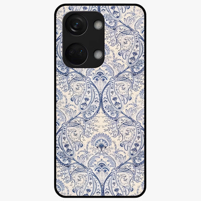 Blue Paisley Bloom Glass Case for 1+Nord 3 intricate front view featuring paisley floral artwork in rich blue tones