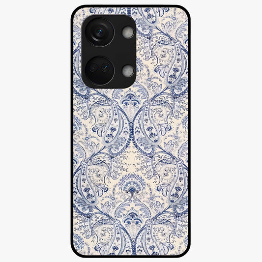 Blue Paisley Bloom Glass Case for 1+Nord 3 intricate front view featuring paisley floral artwork in rich blue tones