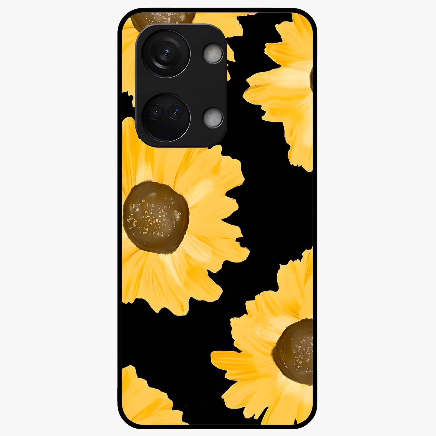 Bold Sunflowers Glow Glass Case for 1+Nord 3 vibrant front view featuring radiant sunflower artwork with warm golden tones