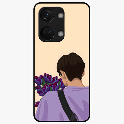 Boy Holding Flowers Glass Case for 1+Nord 3 aesthetic front view featuring soft illustrated character holding floral bouquet