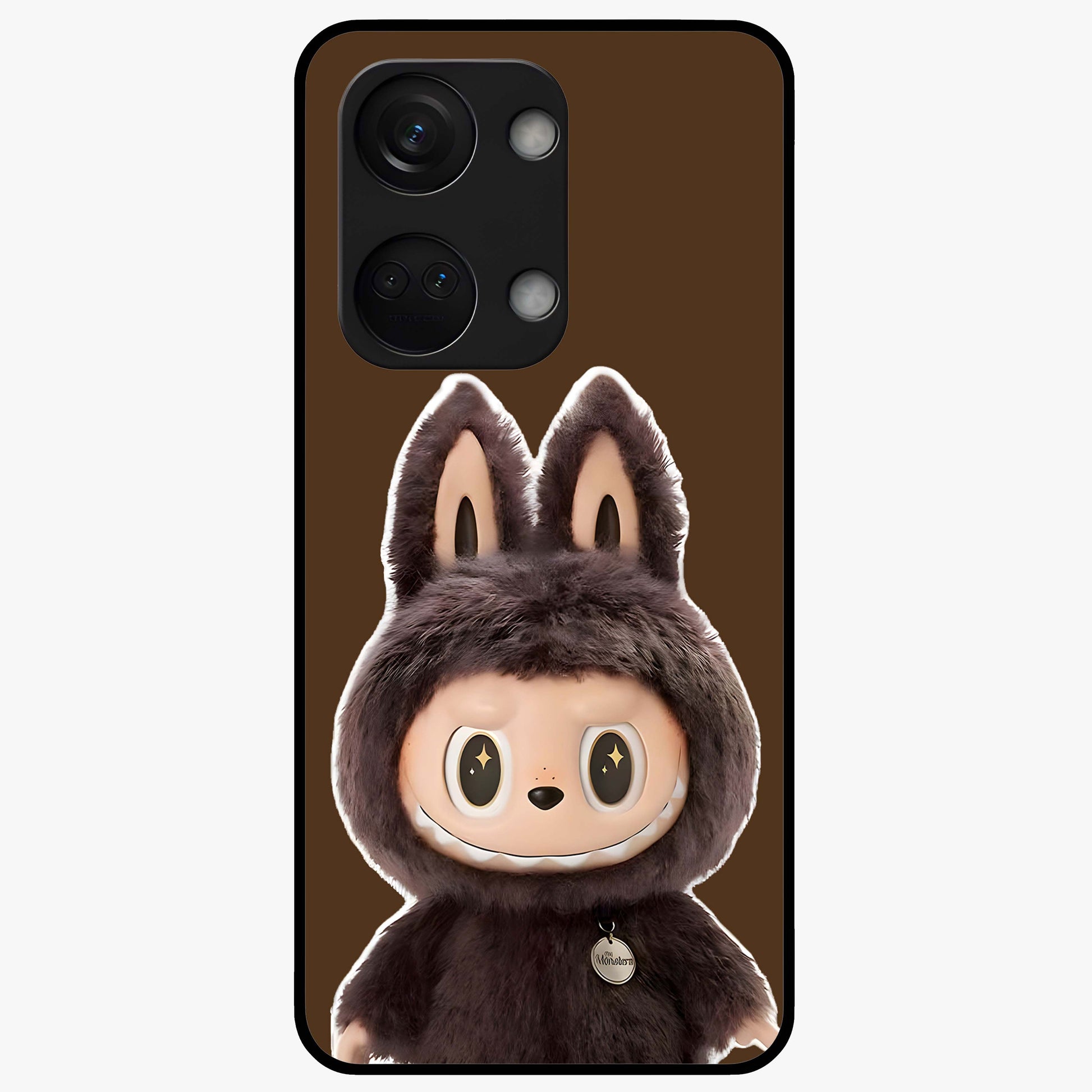 Brown Labubu Design Glass Case for 1+Nord 3 cute front view featuring playful Labubu character artwork in warm brown tones