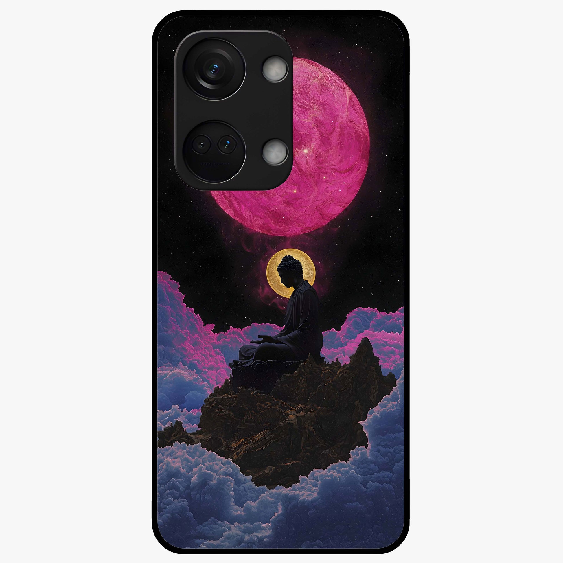 Buddha and Planets Glass Case for 1+Nord 3 serene front view featuring Buddha artwork with cosmic planetary background