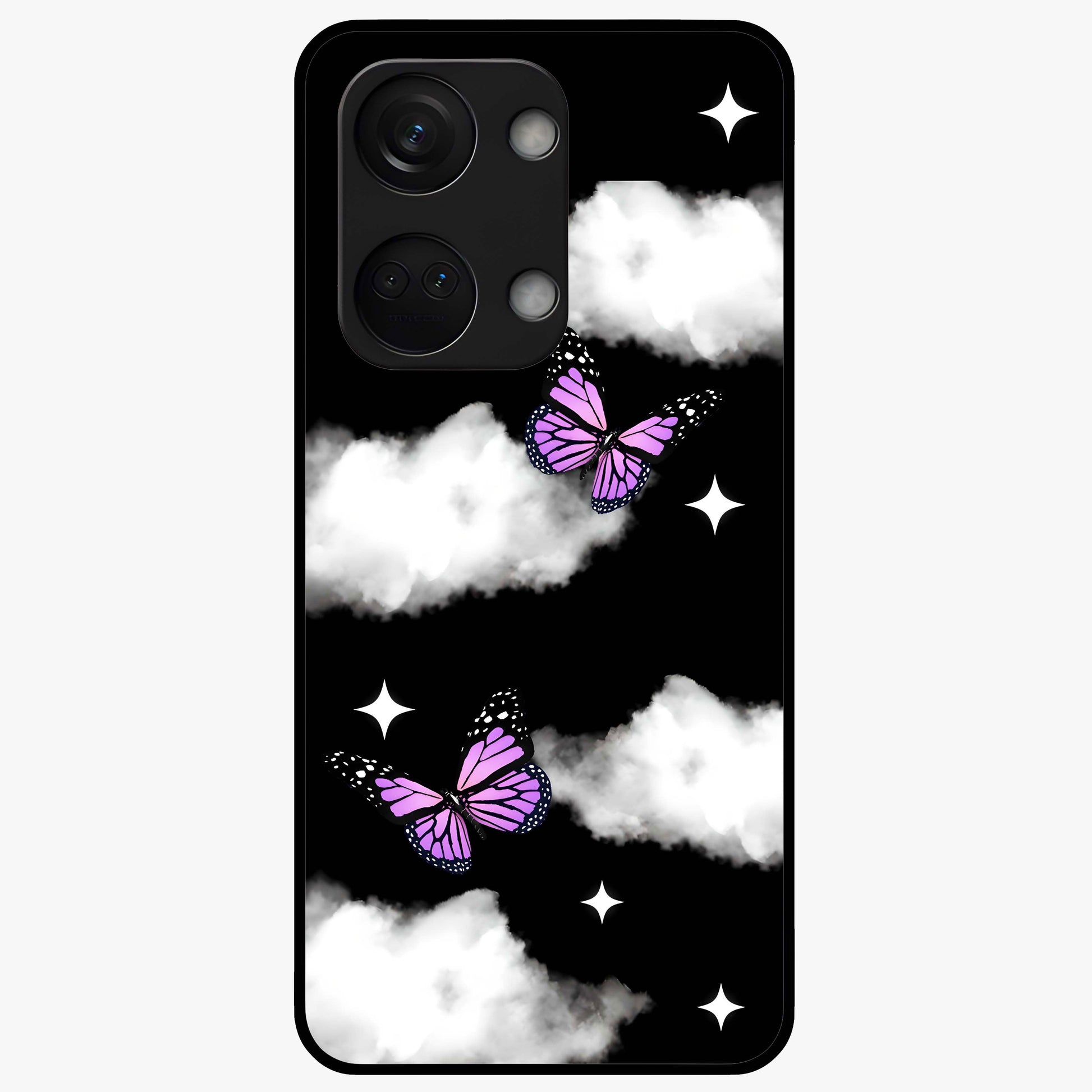 Butterfly Night Drift Glass Case for 1+Nord 3 dreamy front view featuring butterfly artwork with dark night inspired tones