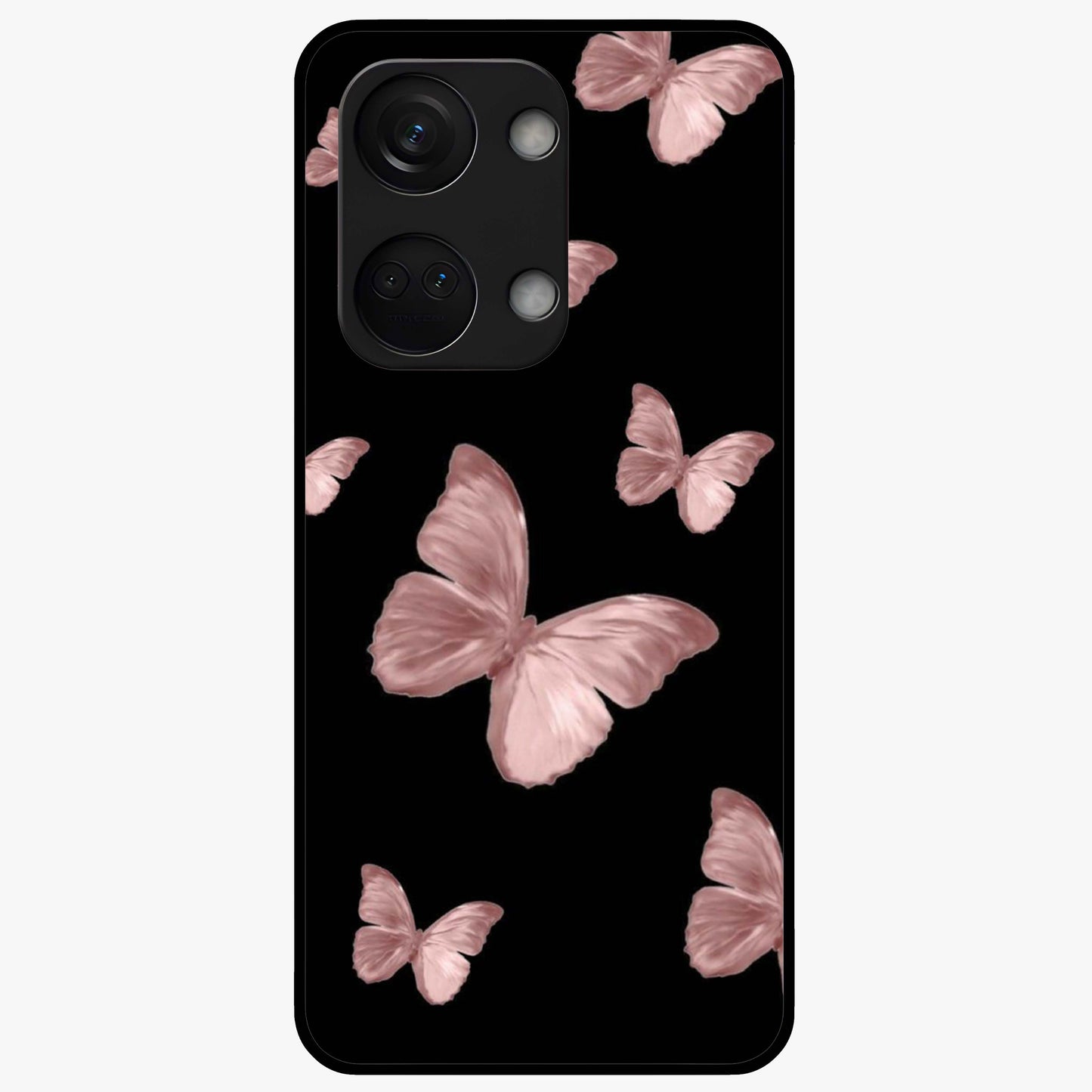 Butterfly Pattern Glass Case for 1+Nord 3 elegant front view featuring repeating butterfly artwork with aesthetic detailing