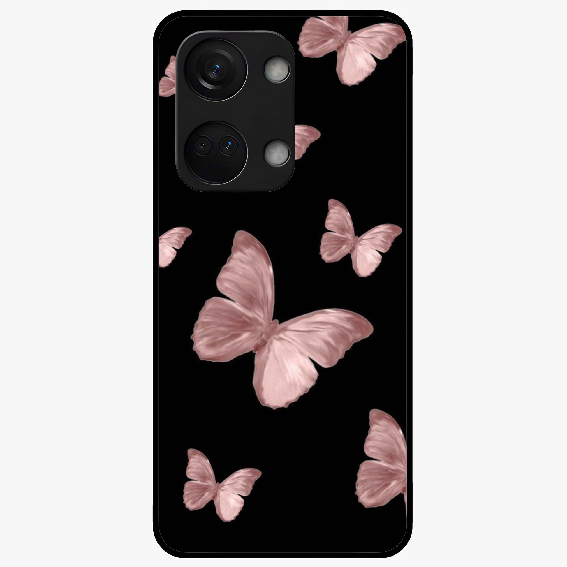 Butterfly Pattern Glass Case for 1+Nord 3 elegant front view featuring repeating butterfly artwork with aesthetic detailing