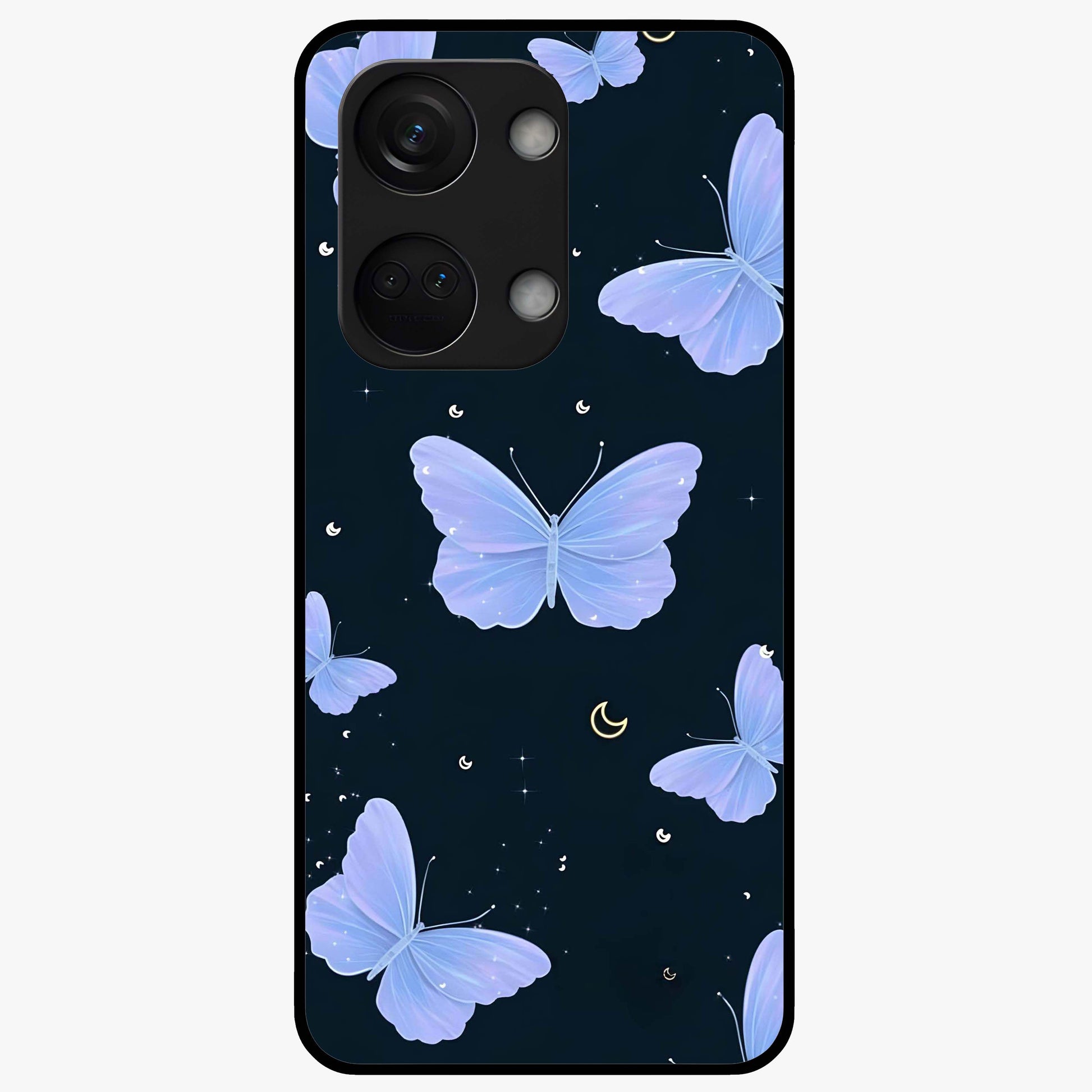 Butterfly With Stars Pattern Glass Case for 1+Nord 3 dreamy front view featuring butterfly artwork with star accents