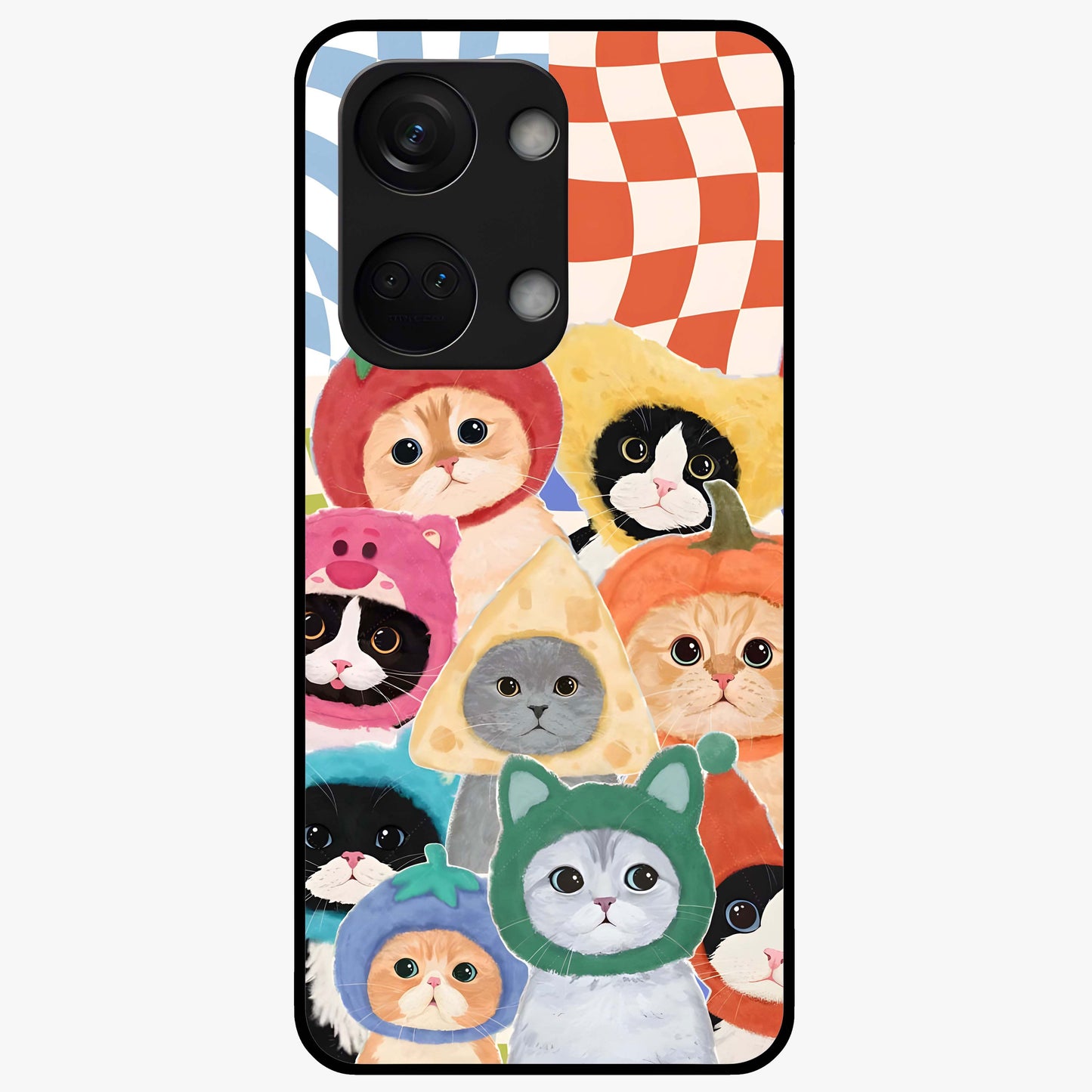 Cats in Fruits Glass Case for 1+Nord 3 playful front view featuring cute cat illustrations with vibrant fruit artwork