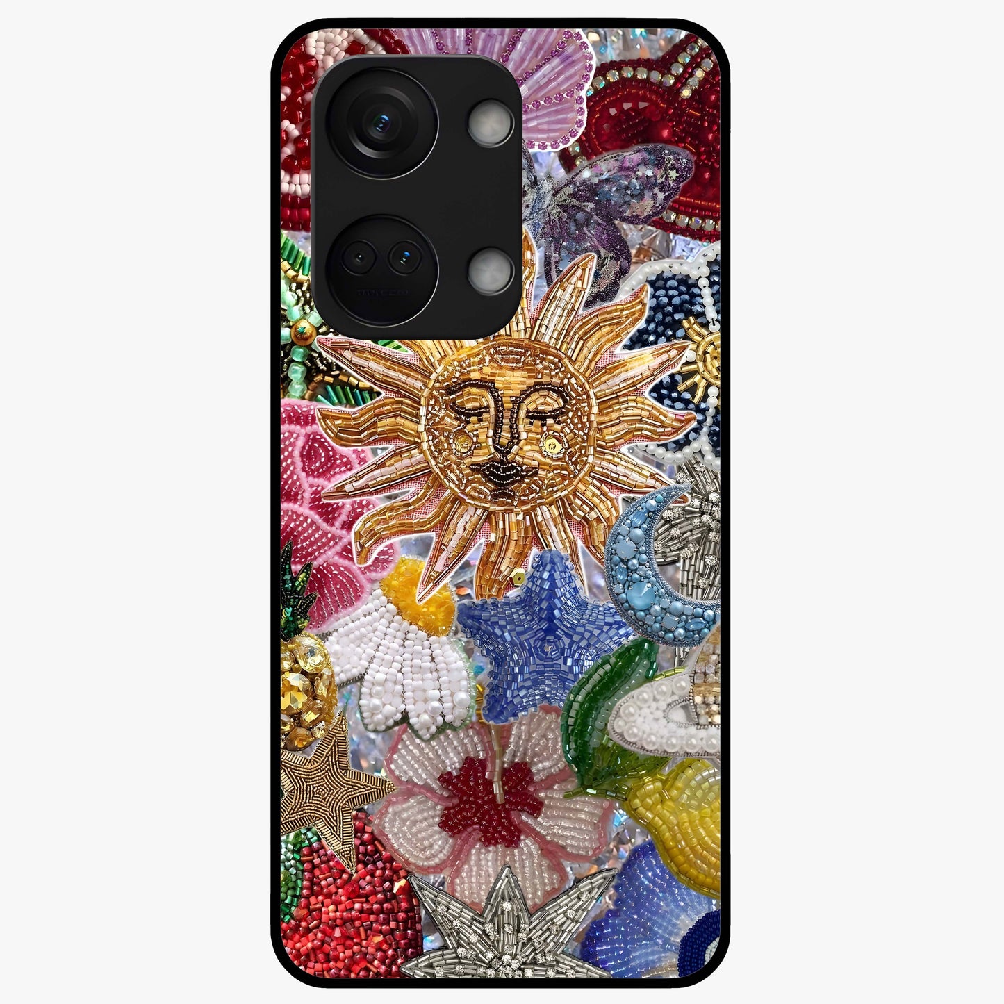 Celestial Floral and Playful Glass Case for 1+Nord 3 vibrant front view featuring floral artwork blended with cosmic elements