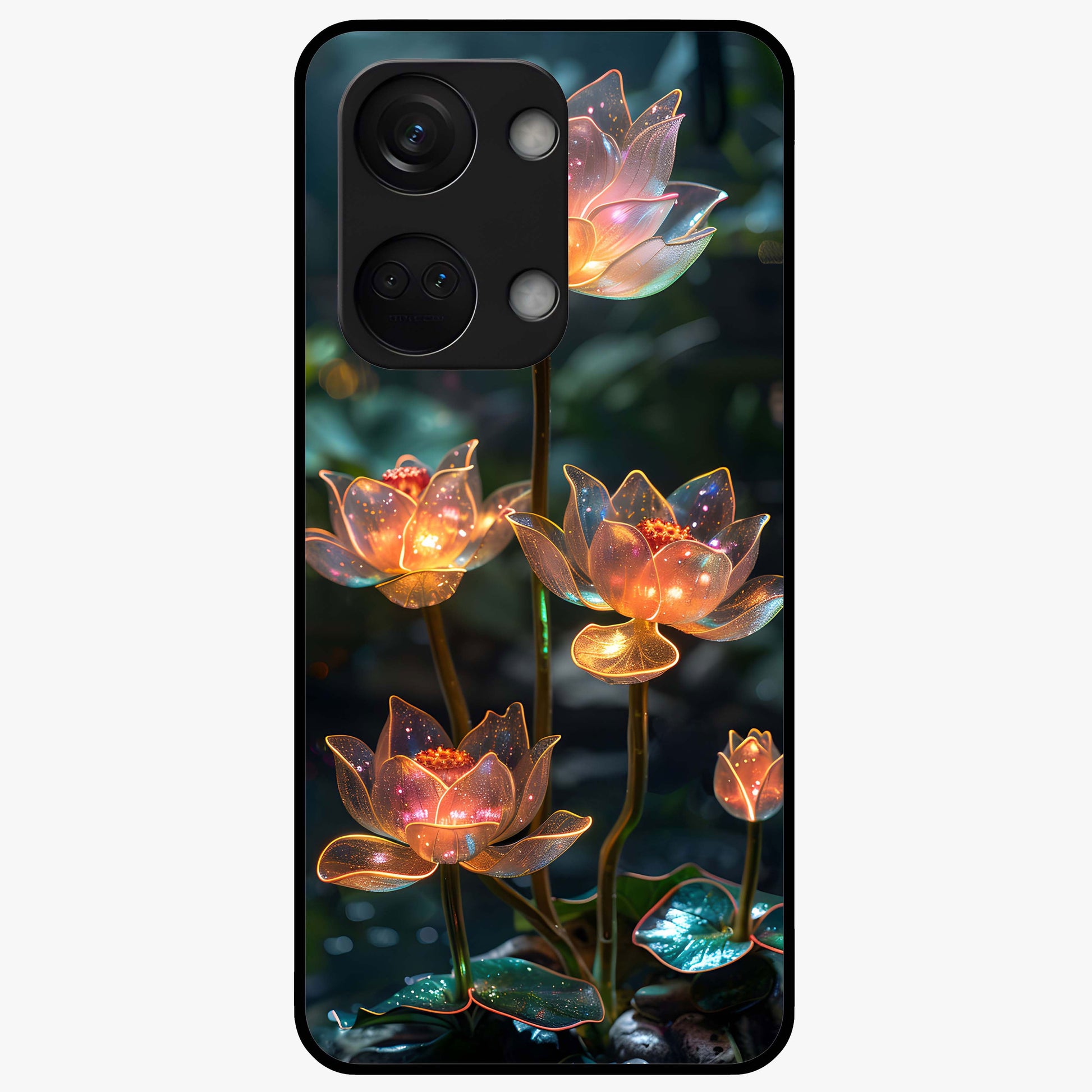Celestial Lotus Light Glass Case for 1+Nord 3 peaceful front view featuring glowing lotus artwork with cosmic backdrop