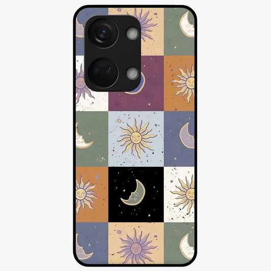 Celestial Patchwork Dreams Glass Case for 1+Nord 3 dreamy front view featuring patchwork style cosmic artwork