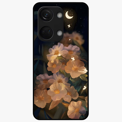 Celestial Petal Night Glass Case for 1+Nord 3 elegant front view featuring floral petals against dark night sky tones