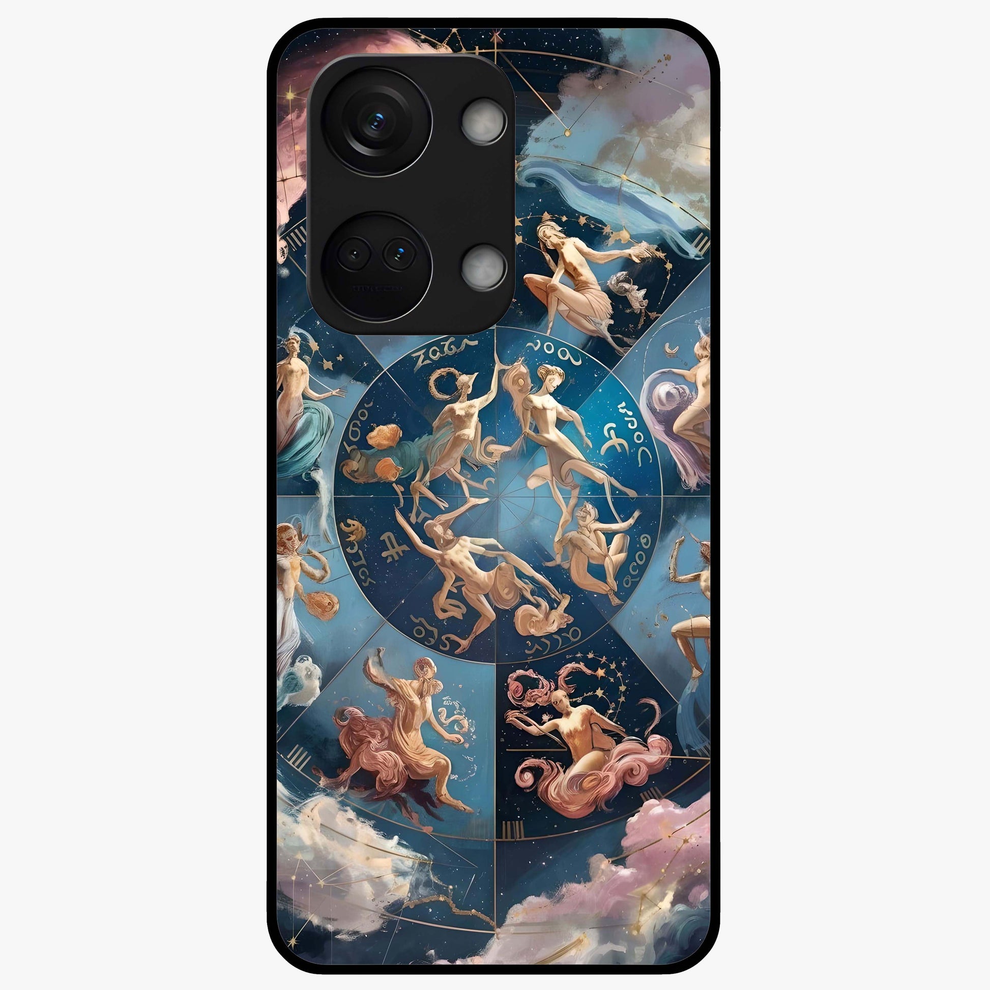 Celestial Signs Dance Glass Case for 1+Nord 3 artistic front view featuring zodiac inspired celestial symbol artwork