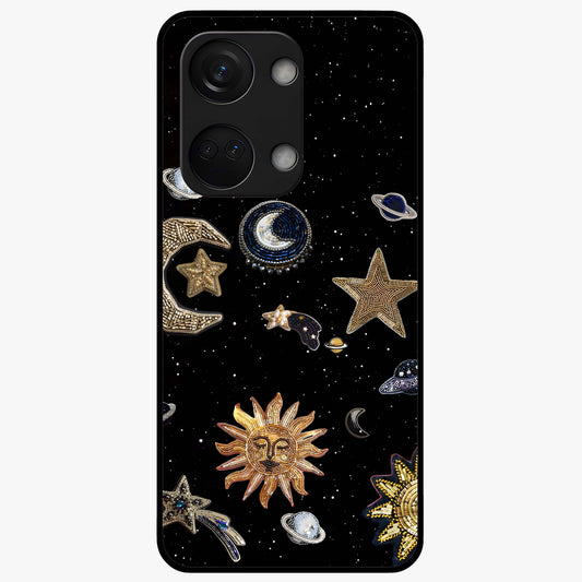 Celestial Star Charm Glass Case for 1+Nord 3 radiant front view featuring star inspired cosmic artwork