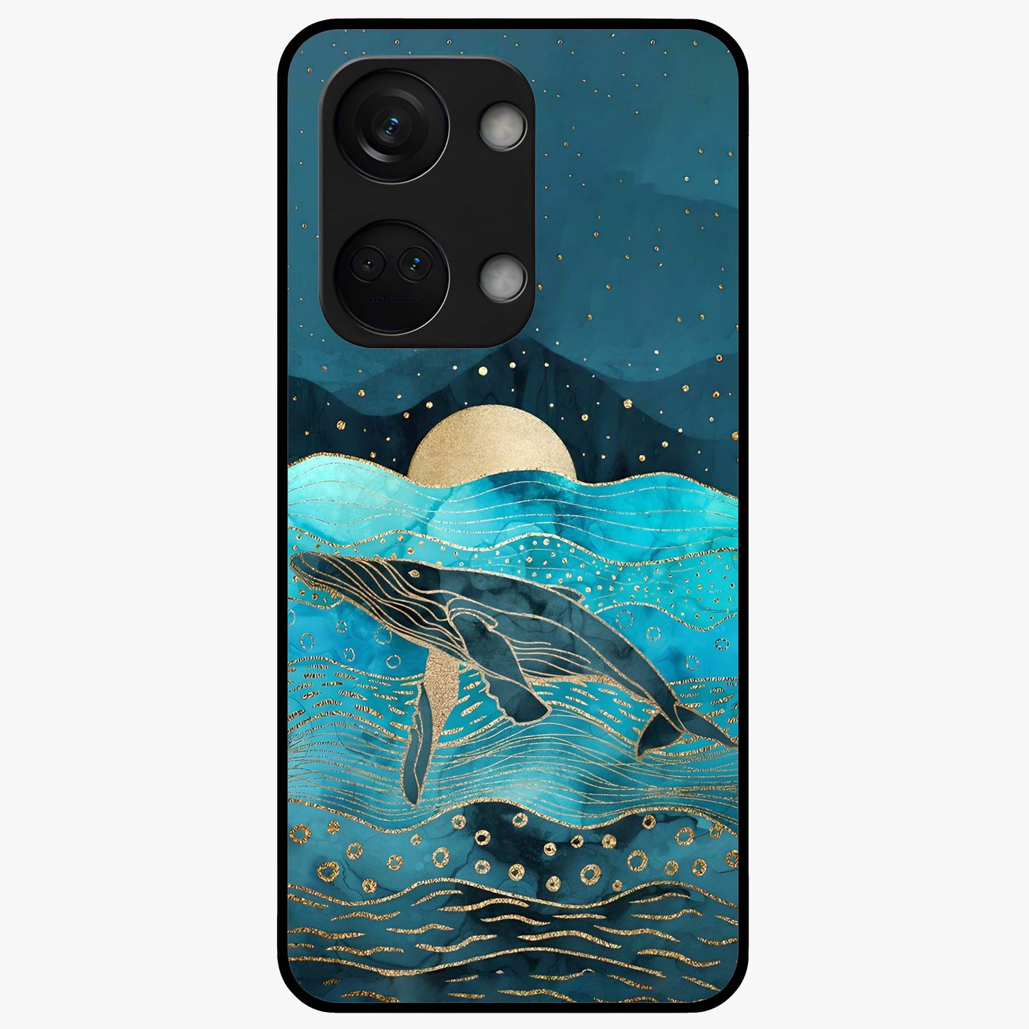 Celestial Whale Voyage Glass Case for 1+Nord 3 dreamy front view featuring whale artwork against cosmic sky backdrop