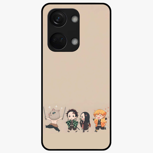 Chibi Demon Squad Glass Case for 1+Nord 3 playful front view featuring chibi style character artwork