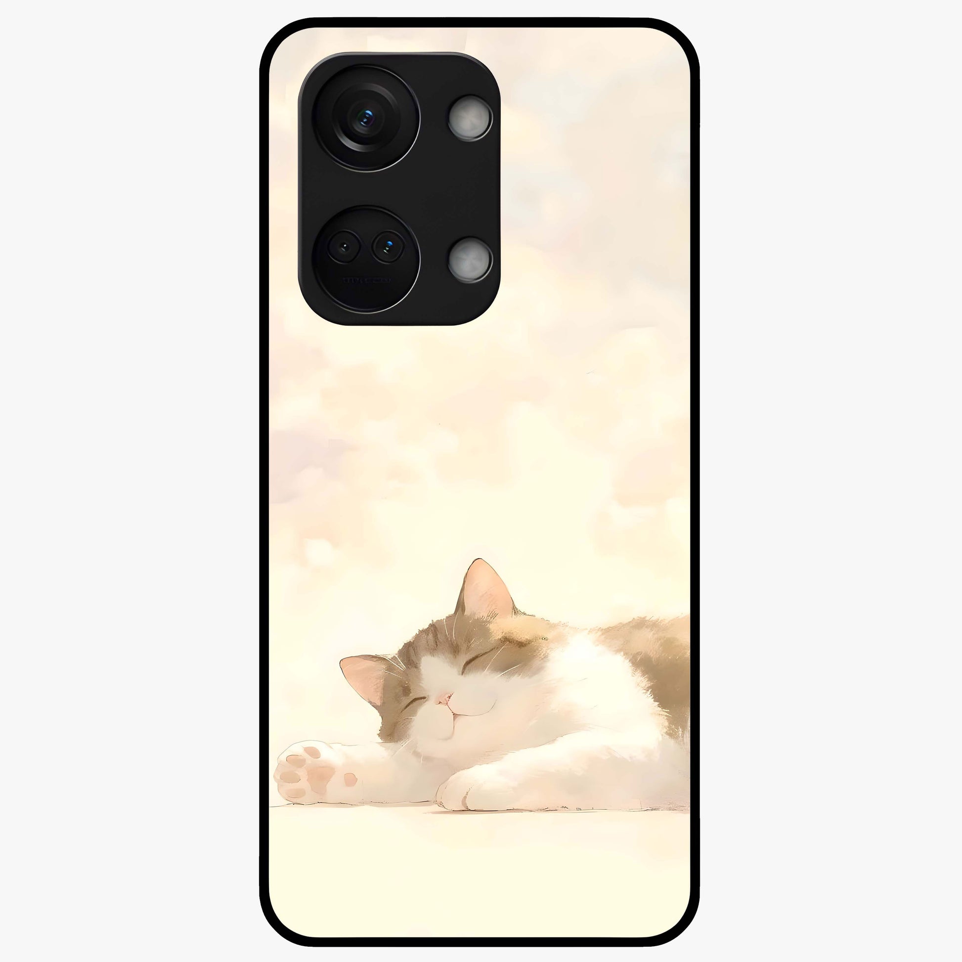 Cloud Nap Cat Glass Case for 1+Nord 3 adorable front view featuring cute sleeping cat artwork on soft cloud background
